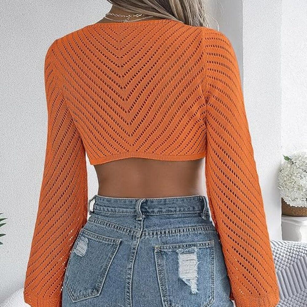 NWT Crochet Tie Front Cropped Cardigan | Orange Bell Sleeve Shrug | Size L - Picture 4 of 5